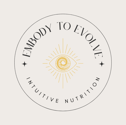 Gold eye icon with a spiral at the center and sun rays around it, encircled by the words 'Embody to Evolve' at the top and 'Intuitive Nutrition' at the bottom.