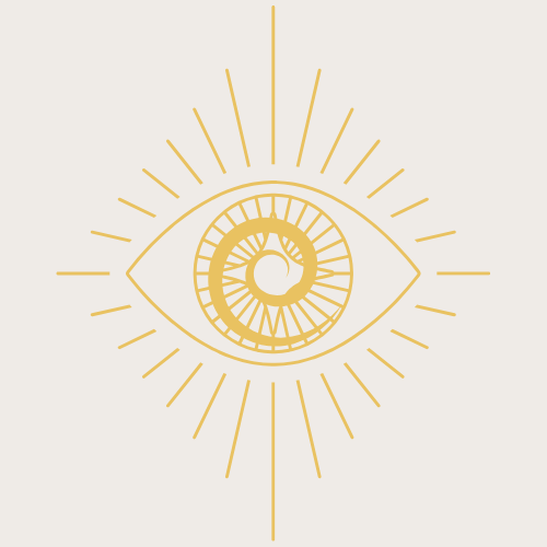 Gold eye icon with a spiral at the center of the iris and radiating sun rays, symbolizing intuition, inner transformation, and radiant awareness.